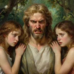 Close-up of God being angry in the Garden of Eden. Adam and Eve look very guilty- elegant, highly detailed, centered, digital painting, artstation, concept art, artgerm, donato giancola, Joseph Christian Leyendecker, WLOP, Boris Vallejo, Artgerm