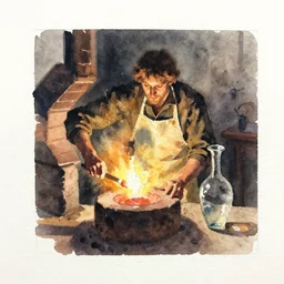 small centered on watercolor paper, paint brush strokes, abstract watercolor painting of medieval glassblower with apron, kiln, glow, cinematic light, glass bottle, glass vase, transparent glass, national romanticism by hans dahl, by jesper ejsing, by anders zorn, by greg rutkowski, by greg manchess, by tyler edlin