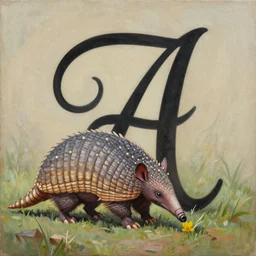 a painting of an armadillo playing with a huge letter alpha in calligraphic type