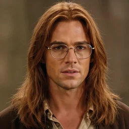 a screenshot of a handsome guy with very long hair chestnut hair, with nerdy glasses in indiana jones and the lost ark