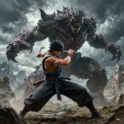 digital art of a kenshiro fighting a horrific monster, detailed textures and lighting, storm in the background, mountains, action pose, high detail character models, detailed environment, epic fight, movie quality battle, epic, intricate, 8 k