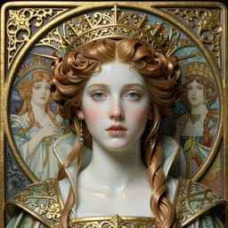 beautiful young medieval queen by james jean, jean delville, iris van herpen, raymond swanland and alphonse mucha, highly detailed, hyper - real, face centered portrait, smooth polished porcelain, art nouveau, ornate gothic icon with heavy patina, ultrasharp hyperdetailed photorealistic octane render