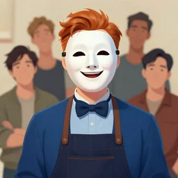 a portrait of a cinematic still of the happy mask salesman, ginger, art by lois van baarle and loish and ross tran and rossdraws and sam yang and samdoesarts and artgerm and saruei and disney, digital art, highly detailed, intricate, sharp focus, trending on artstation hq, deviantart, unreal engine 5, 4 k uhd image