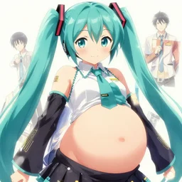 hatsune miku pregnant in the 9 month, big pregnant belly, belly bulge, closeup at the belly, trending on pixiv fanbox, art by makoto shinkai, ilya kuvshinov, akihiko yoshida