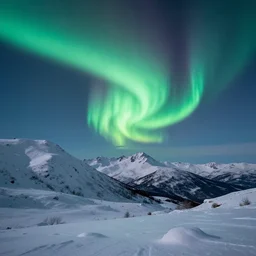beautiful snowy mountain landscape at night with the majestic aurora borealis , art, high detail, high definition, photorealistic, hdr,