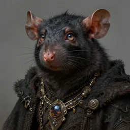 male gruntly halfling mage with dark skin and a rat-like face ,beautiful detailed eyes, dirty, fantasy, intricate, rough, highly detailed, digital painting, 4k, HDR, concept art, detailed jewelry, smooth, sharp focus, illustration, art by Artgerm, H R Giger and Alphonse Mucha