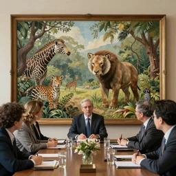 board meeting of zoo animals. Highly detailed 8k. Intricate. Sony a7r iv 55mm. Award winning photography.