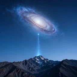 vertical, mountains, limit, universe, galaxy, upwards, photo, blue sky, realistic, highly detailed, cinematic, glowing ice comets falling down