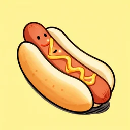 a drawing of a single hotdog with a smiley face, yellow background