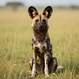 an african wild dog sitting up on the african plains, friendly, long grass, sparkling water, glistening, hyper realistic, hyper detailed, digital art, trending in artstation, cinematic lighting, studio quality, smooth render, unreal engine rendered, octane rendered, by paul lehr