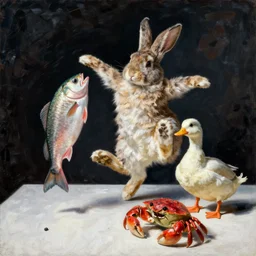 still life painting of a fish rabbit dancing with an angry crab duck on a white table, high contrast lighting, impressionism, real fur, real feather