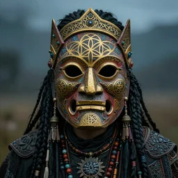 Shaman with psychedelic face mask made with the flower of life, and golden ratio patterns, dimethyltriptamine visions