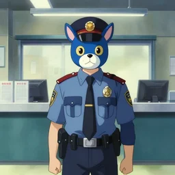 a cop wearing a blue skunk mask standing in a police station, anime film still from the an anime directed by Katsuhiro Otomo with art direction by Salvador Dalí, wide lens