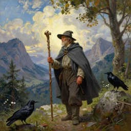 a man in a grey cloak and brimmed hat with a staff travelling trough the mountains with trees, very detailed, colorful, oil painting, clouds, old man, alone, ravens