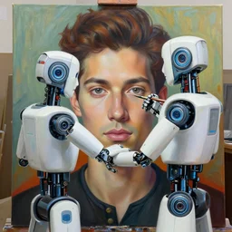 robot artist painting a self - portrait on a canvas. intricate, highly detailed, digital matte painting, in the style of alexandros pyromallis, and in the style of sachin teng, and in the style of hans thoma, and in the style of jason edmiston. irony, recursion, inspiration.