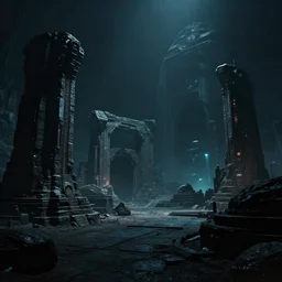 exploring ancient alien ruins on a dark futuristic landscape, cinematic lighting, dramatic lighting, ominous, sci - fi, cinematic angle, syd mead, john harris,