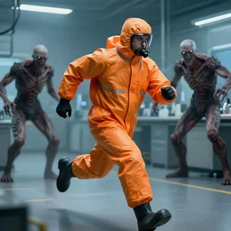 commission of a man in an orange hazmat suit running from a mutant in a laboratory ,character design by charles bowater,greg rutkowski,ross tran,hyperdetailed,hyperrealistic,4k,deviantart,artstation,professional photography,concept art