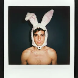 grainy head to shoulder portrait Polaroid film photograph of a man wearing a bunny costume. looking at the camera!!. super resolution. Extremely detailed. Polaroid 600 film. by Annie Leibovitz and Richard Avedon