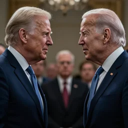joe biden in the terminator shooting terminator donald trump, cinematic, establishing shot, two characters facing each other, extremely high detail, photorealistic, cinematic lighting, James Cameron