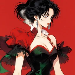 gorgeous woman with silver earrings, wearing an elegant dress, side view, red and black and green colors, in the style of greg rutkowski, anime artstyle, intricate