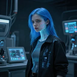 in the style of charles summerstand : : pale woman teen hologram blue hair : : dark futuristic lab