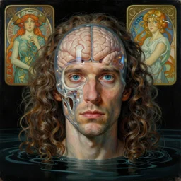 realistic extremely detailed portrait painting of an average man with exposed clear plastic brain case and long curly hair, retro futuristic ,floating in black water , by beeple,Jean Delville, Amano, Yves Tanguy, Alphonse Mucha, Ernst Haeckel, Edward Robert Hughes, Roger Dean, artgerm and greg rutkowski and alphonse mucha, rich moody colors, blue eyes,octane render,4k,f32,