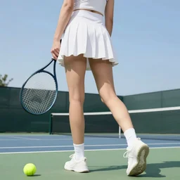 color video footage of a woman in white sleeveless tennis wear in the tennis coat, view from behind, shoes, summer, sky