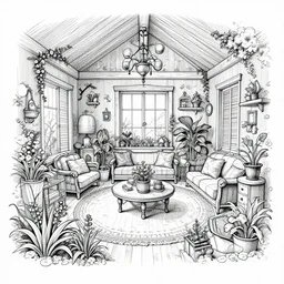 annotated highly, detailed and intricate, sketch of a lodge room full of spring plants, marker concept art style rendering, concept art, half blueprint, trending on artstation, intricate details, center frame, annotations