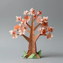 origami spring tree starting to bloom, intricate details, maximalism. Origami Studio 3 design, Toon Boom render