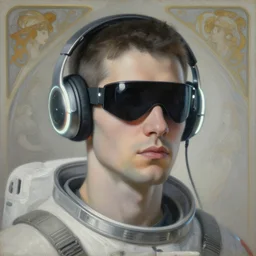 future coder looking on, cyclops visor over eyes and sleek neon headphones, neon accents, rim lighting, desaturated headshot portrait painting by dean cornwall, ilya repin, rhads, tom whalen, alex grey, alphonse mucha, donoto giancola, astronaut cyberpunk electric fashion photography