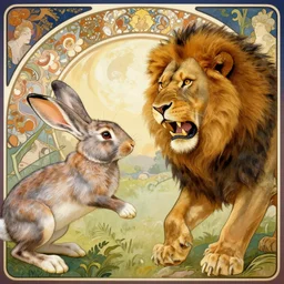 rabbit and lion fight fiercely with anger in their eyes, wide angle lens, octane rendering, in the style alfonse mucha, 8 k,