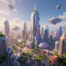 a beautiful drawing of a future funk space city, highly realistic, unreal engine