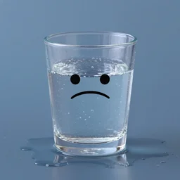 a glass of spilled water with a sad face, pixar