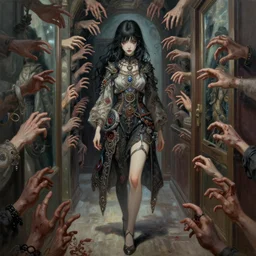 beautiful girl in intricate clothing walking through a hallway filled with reaching hands, reflections, very high intricate details, horror, painting, digital anime art, medium shot, mid - shot, wlop, ilya kuvshinov, artgerm, krenz cushart, greg rutkowski, sana takeda