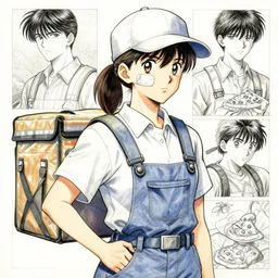 pizza delivery girl in overalls, delivery hat, nose bandage, watercolor, pen and ink, intricate line drawings, by Yoshitaka Amano, Ruan Jia, Kentaro Miura, Artgerm, detailed, trending on artstation, hd, masterpiece,