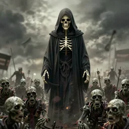 a dark robed skeletal figure, with face covered by a hood, behind an army of zombies, hd, digital art, by anson maddocks