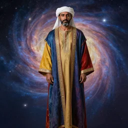 middle ages middle eastern colored clothing, middle aged man, dark complexion, well short trimmed beard, 3 / 4 portrait, celestial background, futuristic looking, head and full body view, rembrandt art style, realistic art style