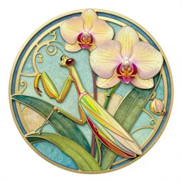 majestic colorful orchid mantis enamel by leon bakst and yoshitaka amano, beautiful hyperdetailed art nouveau orchids, james jean, amanda sage