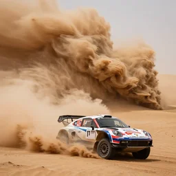 sport photography of rallye porsche in desert, massive sandstorm like extremely huge wave in background, motion blur, wide lens