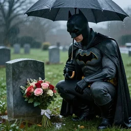 batman with flower bouquet on his parents'grave, raining, sad, hyperdetailed, artstation, cgsociety, 8 k