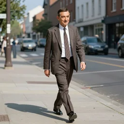 mr. bean walks down a street on a sunny day by fernando botero
