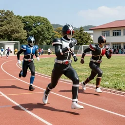 all kamenriders running track race on sunny day school yard