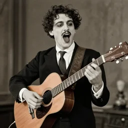 nosferatu passionately playing the blues, playing guitar and mouth open wide, 1 9 2 0 s photograph, realistic
