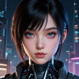 a comic potrait of a cyberpunk cyborg girl with big and cute eyes, fine - face, realistic shaded perfect face, fine details. night setting. very anime style. realistic shaded lighting poster by ilya kuvshinov katsuhiro, magali villeneuve, artgerm, jeremy lipkin and michael garmash, unreal engine, fantasy art by greg rutkowski, global illumination, radiant light, detailed and intricate environment