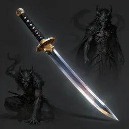 a concept art sheet of a sword possessed by a cursed demon, floating katana, in the style of android jones and zdzislaw beksinki, dramatic lighting