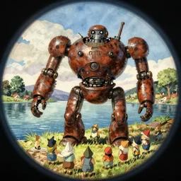 wholesome animation key shot, fish eye lens, intricate, dwarfed by the rusty robot schwerer gustav!!!!, lake, ambient occlusion, studio ghibli, pixar, disney concept art watercolor illustration by craig mullins, dean cornwell, nc wyeth, satoshi kon!