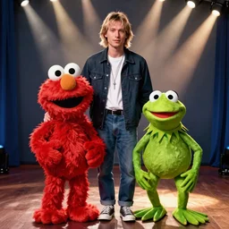 Kurt Cobain at Sesame Street posing with Elmo and Kermit The Frog