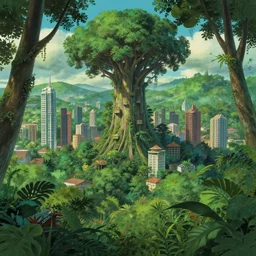 stunning tree city in amazon forest by studio ghibli, artstation, environment design