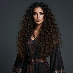 ethereal beautiful woman with long curly hair in romany gypsy outfit, high detail, dark aesthetic