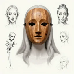lady with a wooden mask character design, character sheet, Goddess of fear, Moebius, Greg Rutkowski, Zabrocki, Karlkka, Jayison Devadas, Phuoc Quan, trending on Artstation, 8K, ultra wide angle, zenith view, pincushion lens effect
